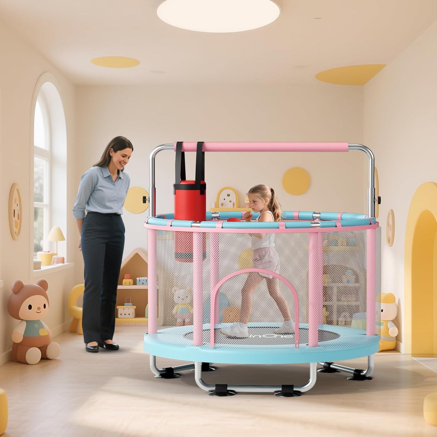 55" Toddler Mini Trampoline for Kids, Indoor Outdoor Toys with Swing, 440Lbs Baby Kids Trampoline, Gymnastics Bar, Birthday Gifts for Boy Girl Age 1-8