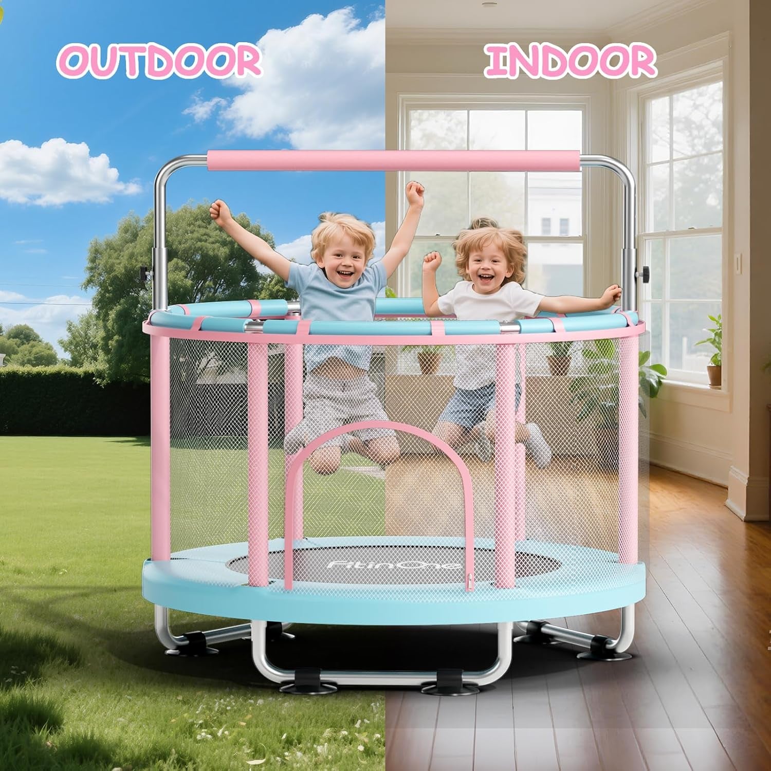 55" Toddler Mini Trampoline for Kids, Indoor Outdoor Toys with Swing, 440Lbs Baby Kids Trampoline, Gymnastics Bar, Birthday Gifts for Boy Girl Age 1-8